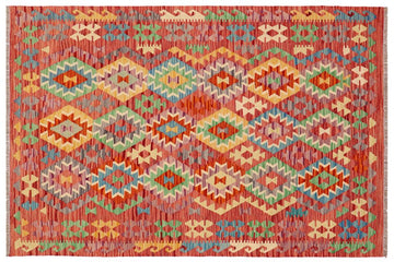Flat Weave Kilim, Antique, Navaho, Vintage, Handmade, Geometric Kilim Red Blue Hand-Woven Rectangle 100% Wool Area Rug 5 x 7